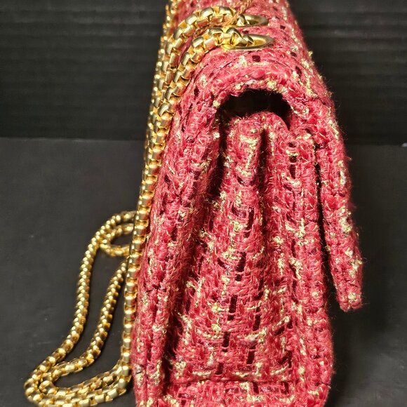 Small Red Burgundy Gold Black Square Tweed Fabric Messenger Crossbody Bag - Picture 3 of 10